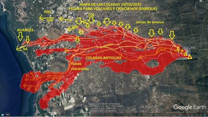 Gráfica de coladas y previsible movimiento de la página volcanesycienciahoy de facebook