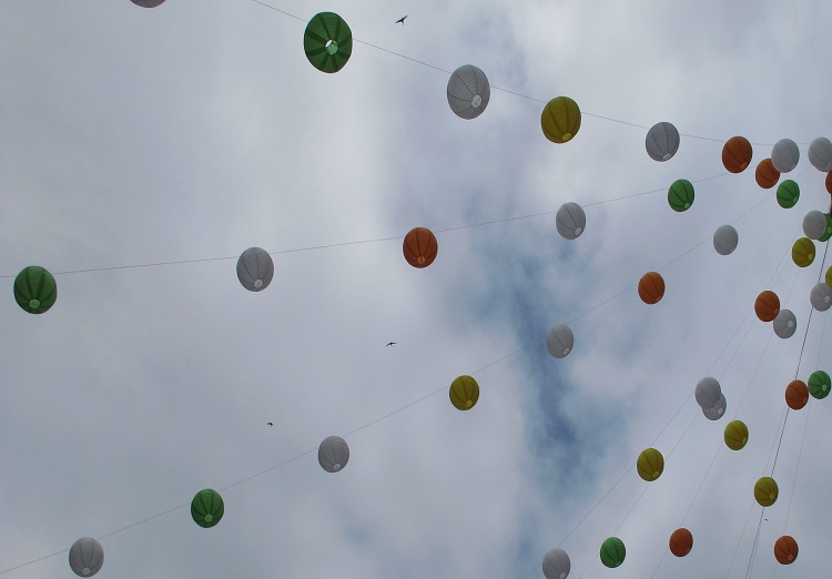 Se ve muchos globos suspendidos en el cielo, y tres aves sobrevuelan por encima de ellos.