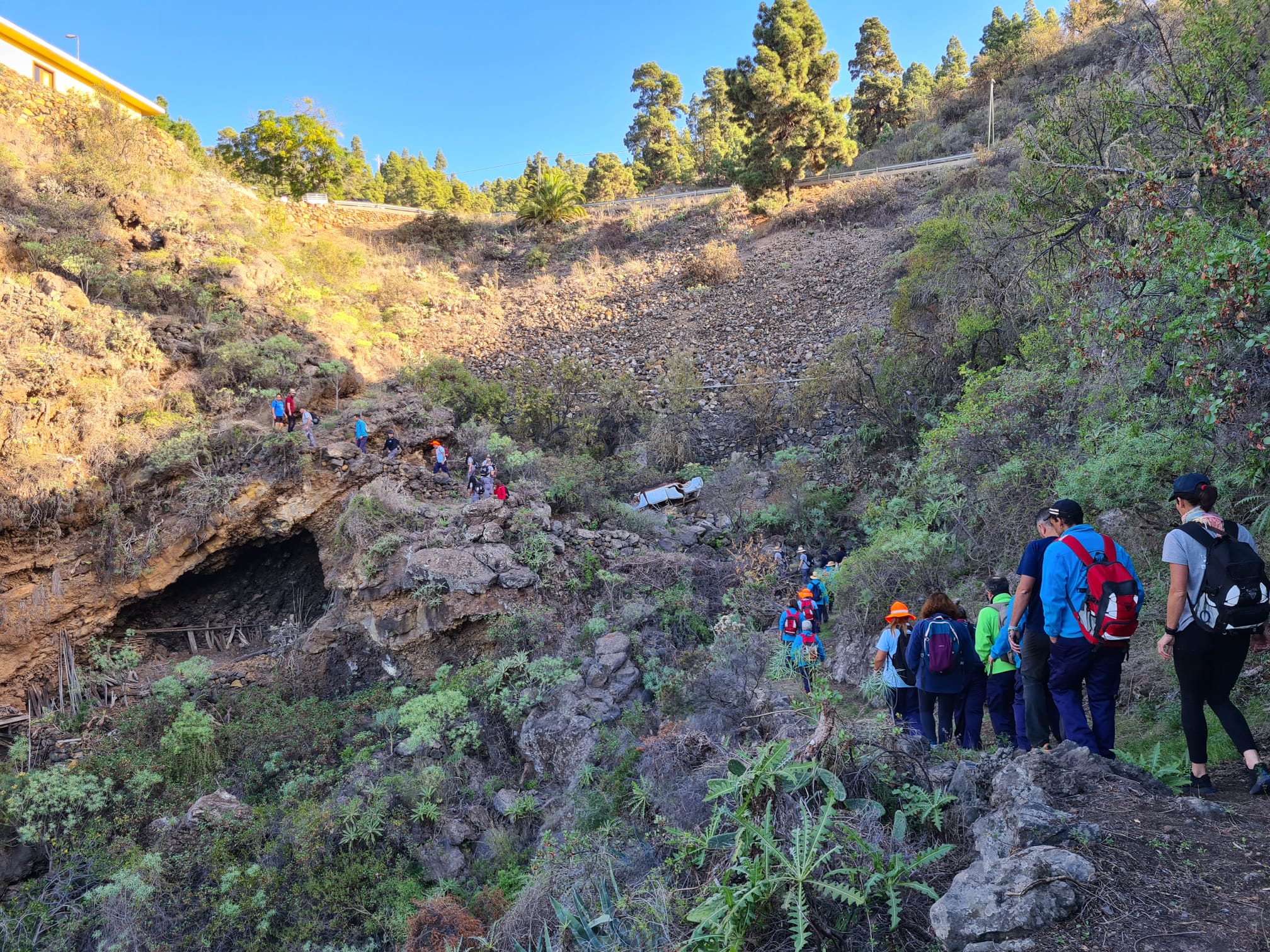 Se ve un grupo de caminantes por senderos de an.taño de tijarafe