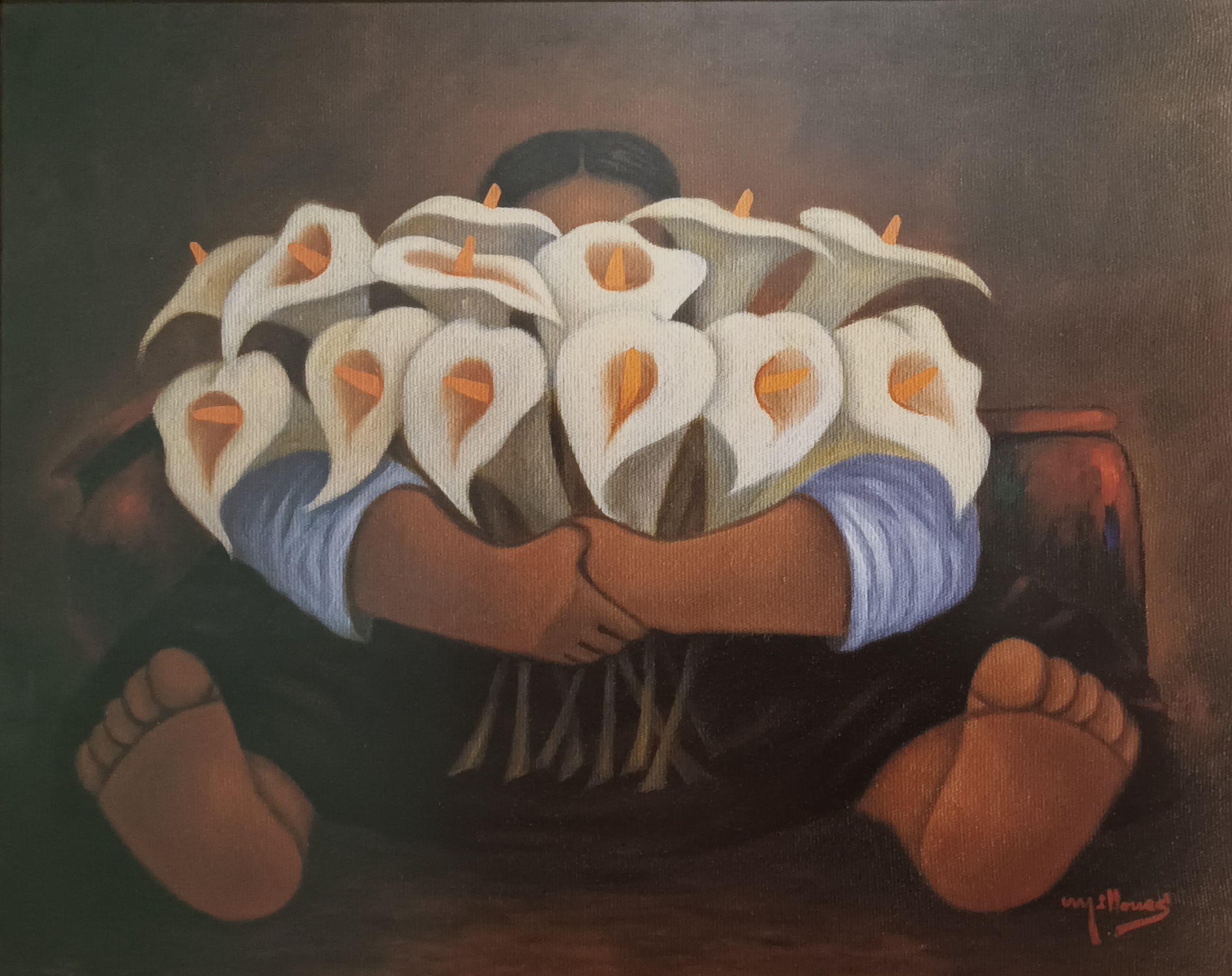 Se ve una figura sentada con un gran ramo de flores. Solo se le ven los pies.
 y sus brazos abrazando dulce aroma de flor