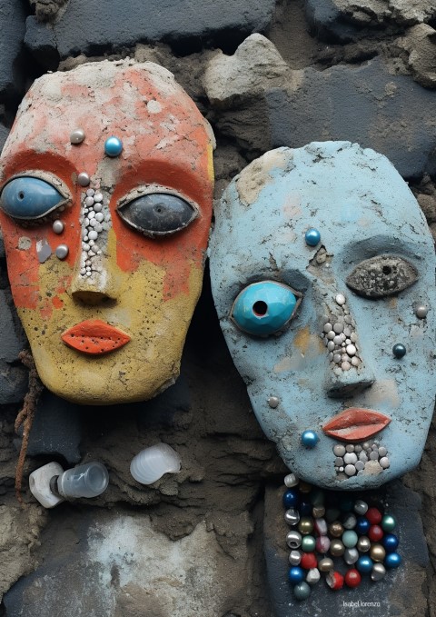 caras hechas con conchas marinas, arena, piedras y colores